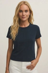 Navy blue short-sleeved crew neck junie cotton basic tee made of soft cotton basic fabric for everyday wear