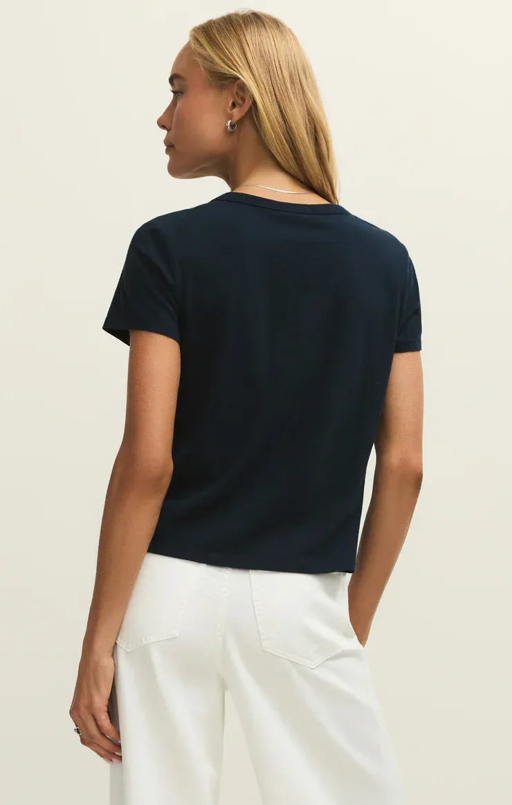 Navy blue junie cotton basic short-sleeved tee with crew neckline made from soft cotton basic fabric