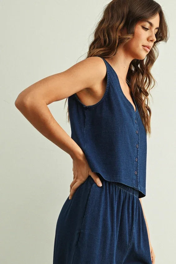 Navy blue wash knitted top, women’s boho chic sleeveless button-up, shop Daisy