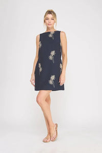 Navy blue sleeveless mini dress with gold palm tree embroidered design ideal for elegant summer occasions