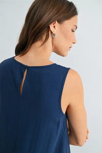 Navy blue sleeveless dress with round neck trim and keyhole back detail in a round neck trim tank style
