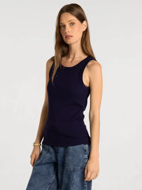 Navy blue sleeveless tank top made from soft fabric in the thread and supply edlin basic tank style