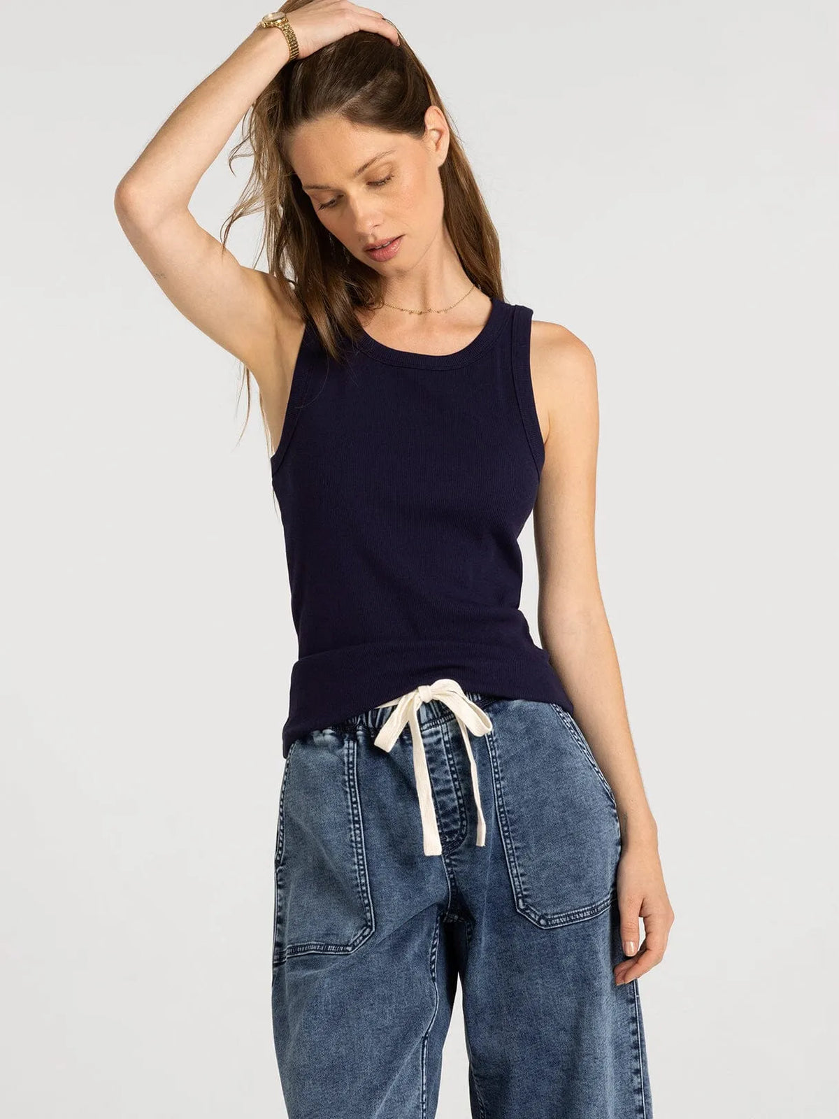 Navy blue sleeveless knit edlin basic tank with drawstring waistband by thread and supply for casual wear