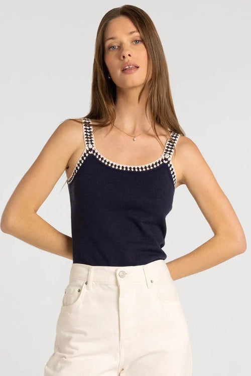 Navy blue brittania tank top with decorative white and black beaded straps from supply brittania collection
