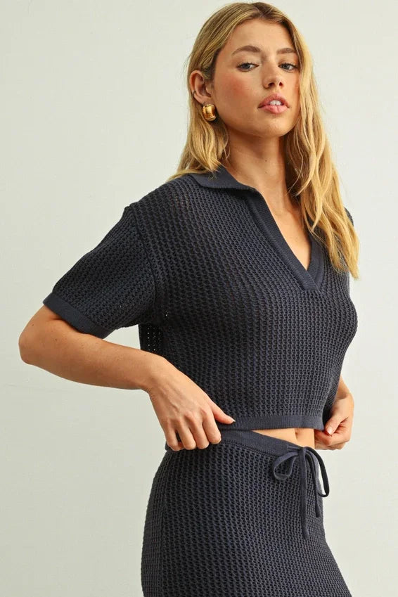 Navy blue crochet v-neck collar top, textured knit crop with short sleeves