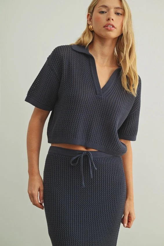 Navy blue crochet v-neck with collar top, women’s boho chic clothing