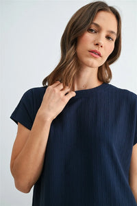 Navy blue textured knit dolman top with short sleeves showcasing knit dolman design and textured knit fabric