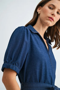Navy blue textured fabric short sleeve wrap dress with collar and cinched tie waist for elegant wear