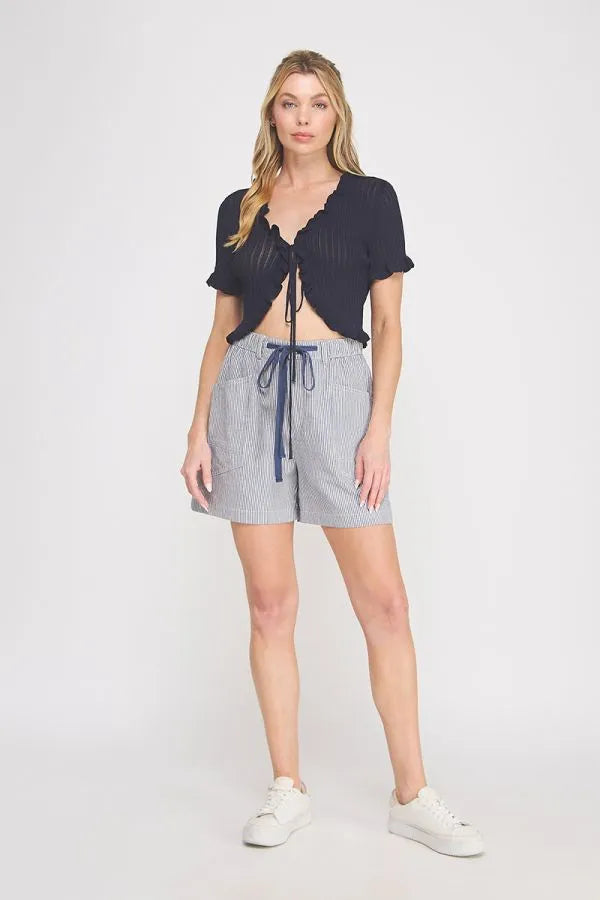 Navy blue and white striped high waisted shorts with a drawstring waistband in pointelle knit ruffle tie style