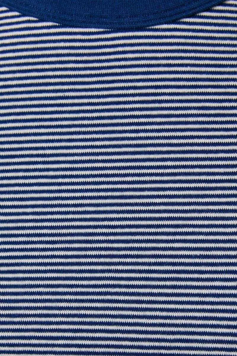 A navy blue and white striped knit short sleeve round neck top with a solid navy collar for casual wear