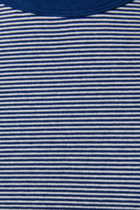 A navy blue and white striped knit short sleeve round neck top with a solid navy collar for casual wear