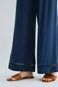 Navy blue wide-leg drawstring trim detail pants with subtle textured hem for women’s boho chic clothing at shop daisy