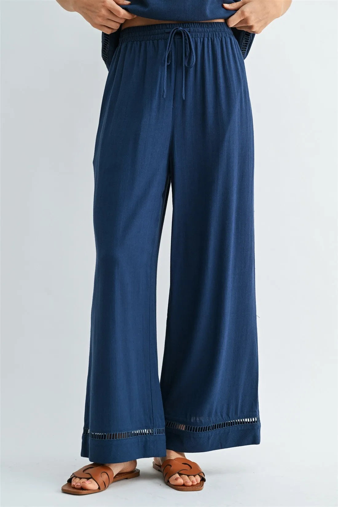 Navy blue wide-leg drawstring trim pants with fringe hem for women’s boho chic clothing shop daisy collection