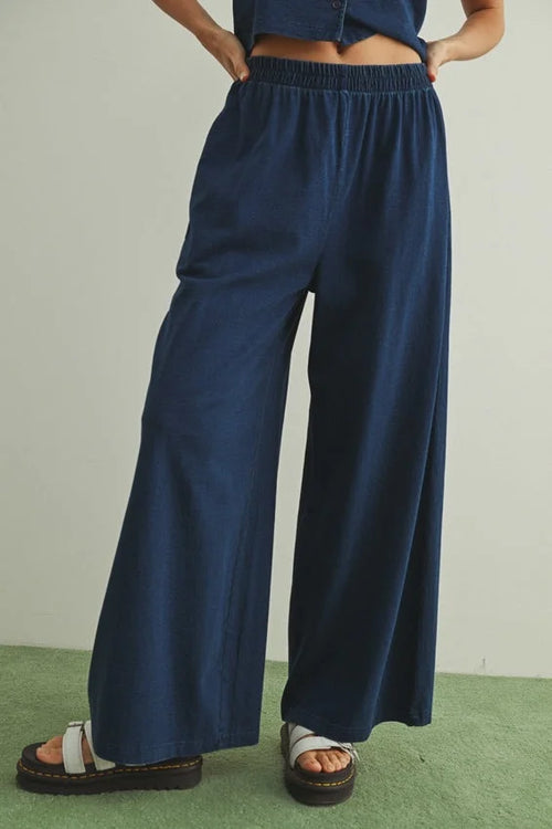 Navy blue wide-leg wash knitted pants with elastic waistband