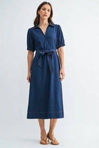 Navy blue short sleeve wrap dress with puffed sleeves and tie waist belt for elegant casual wear