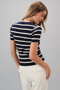 A navy and white striped round neck short sleeve knit top with a rounded neckline for casual wear