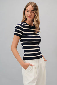 Navy and white horizontally striped round neck short sleeve knit top ideal for casual wear
