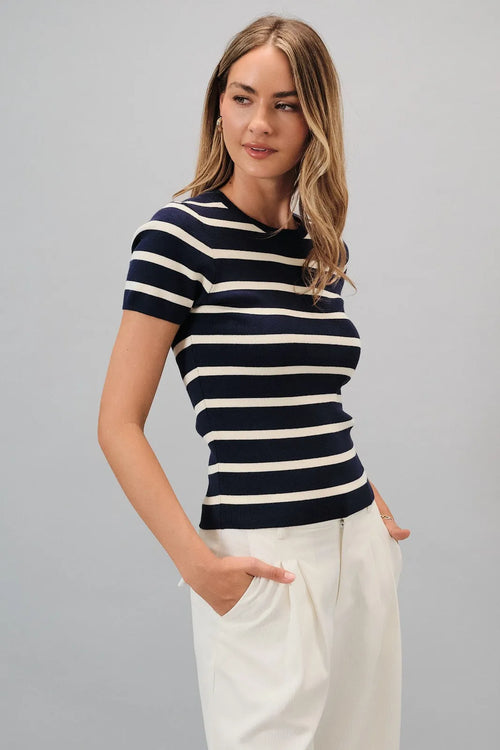 Navy and white horizontally striped round neck short sleeve knit top ideal for casual wear