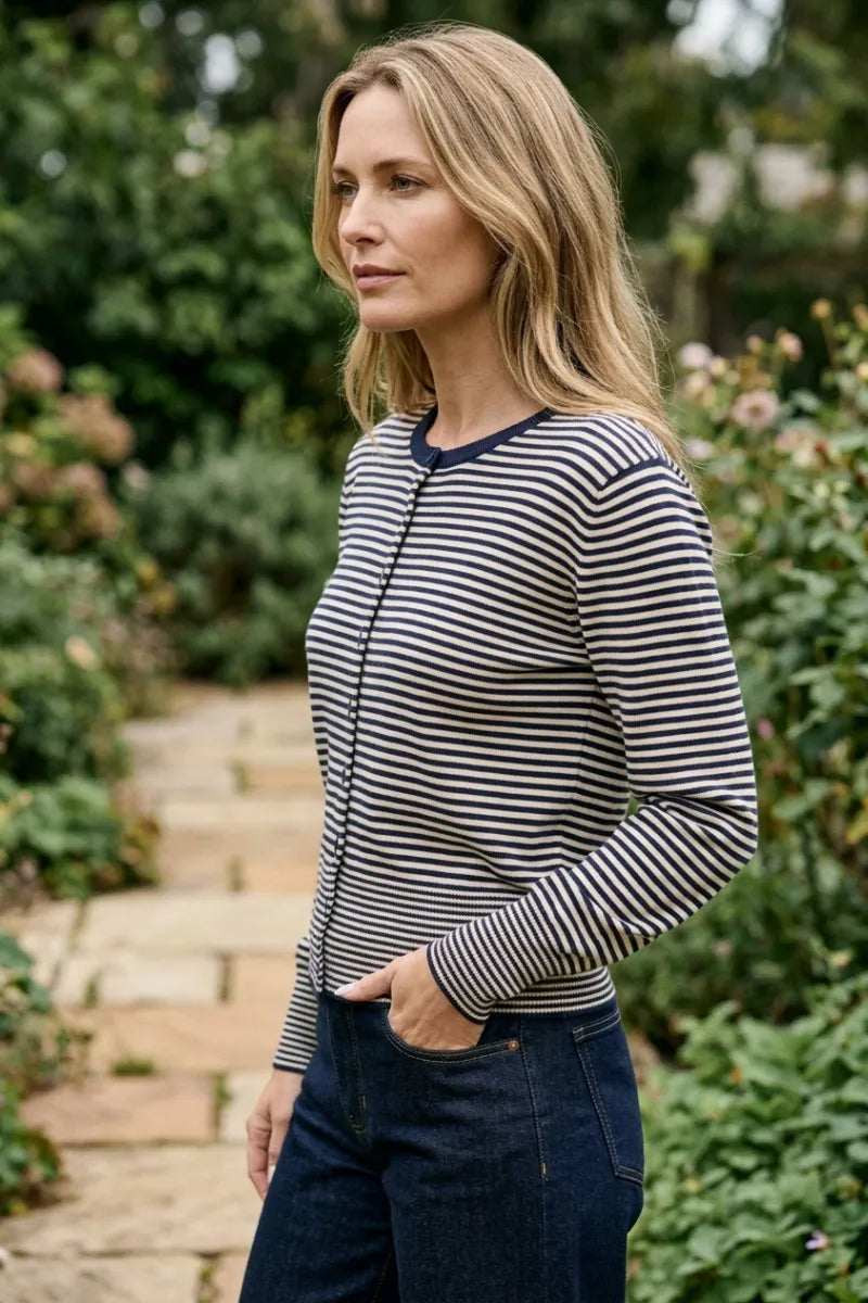 A navy and white striped long-sleeved knit cardigan with a stripe round neck and ribbed hem detail