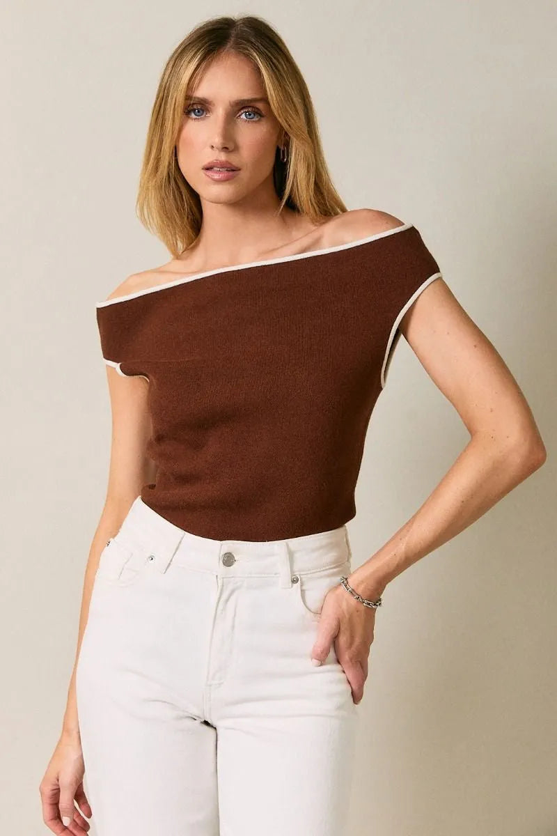 Brown off-shoulder sleeveless contrast piping knit top with white trim in a lightweight sweater material