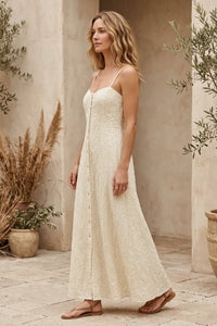 Angel eyes textured off-white lace midi dress with delicate embroidery and thin spaghetti straps