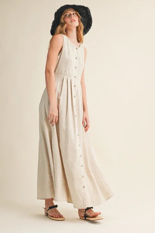 Pleated detail button front linen maxi dress in off-white