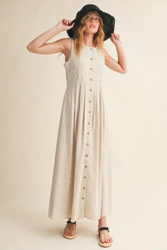 Pleated detail button front linen maxi dress in off-white
