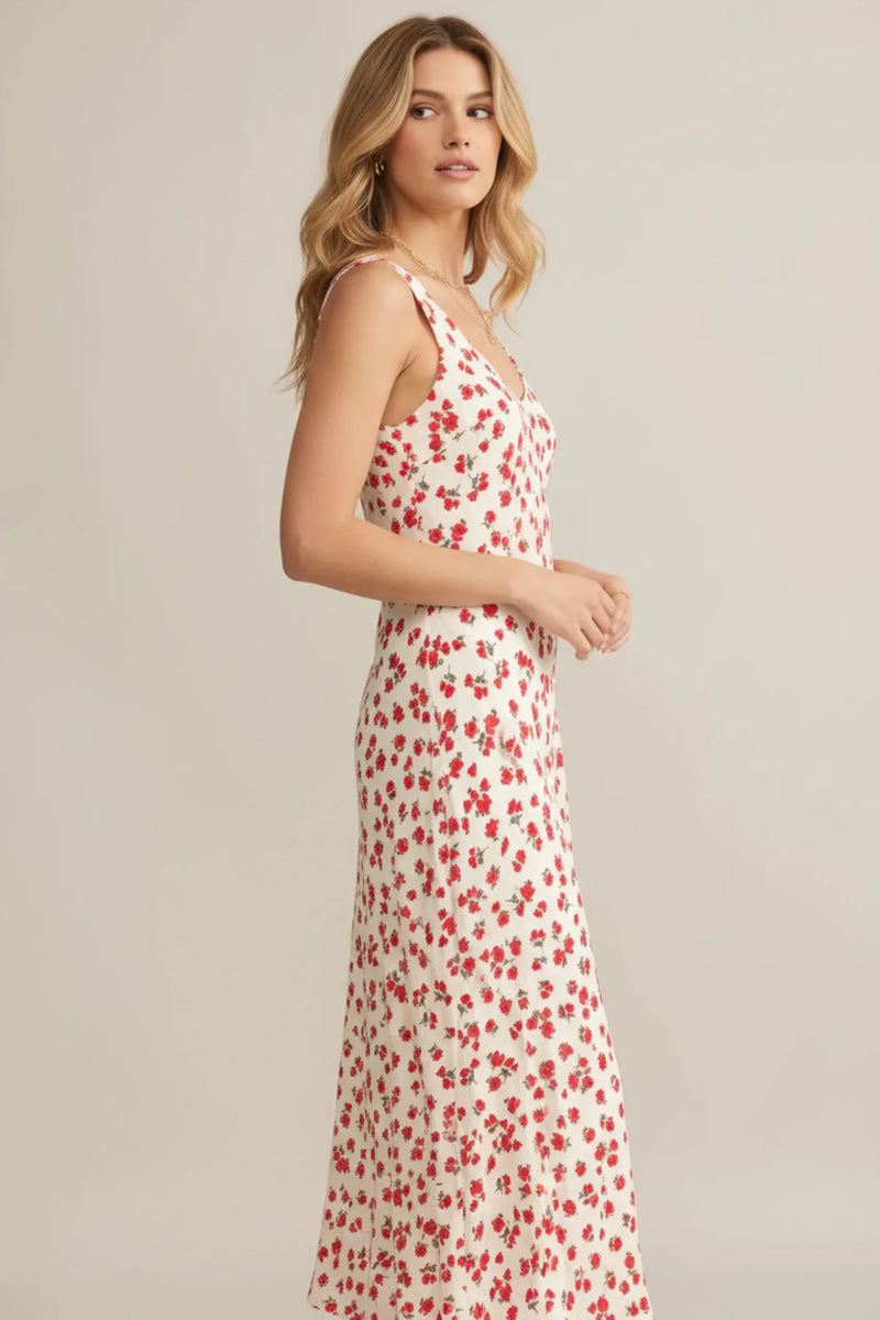 V neck floral midi dress in off-white with red flowers and green leaves