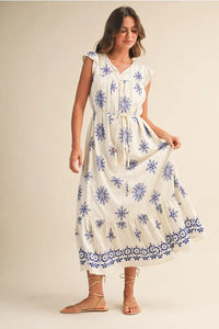 Belted border print flutter sleeve midi dress with blue floral embroidery