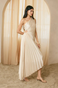Off-white pleated one-shoulder maxi dress with circular waist cutout elegant formal dress for evening gowns