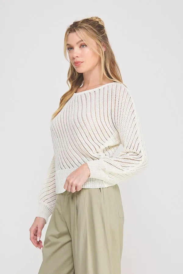 Off-white hand yarn open stitch ribbed-knit sweater top with loose fit long sleeves for casual wear