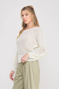Off-white hand yarn open stitch ribbed-knit sweater top with loose fit long sleeves for casual wear