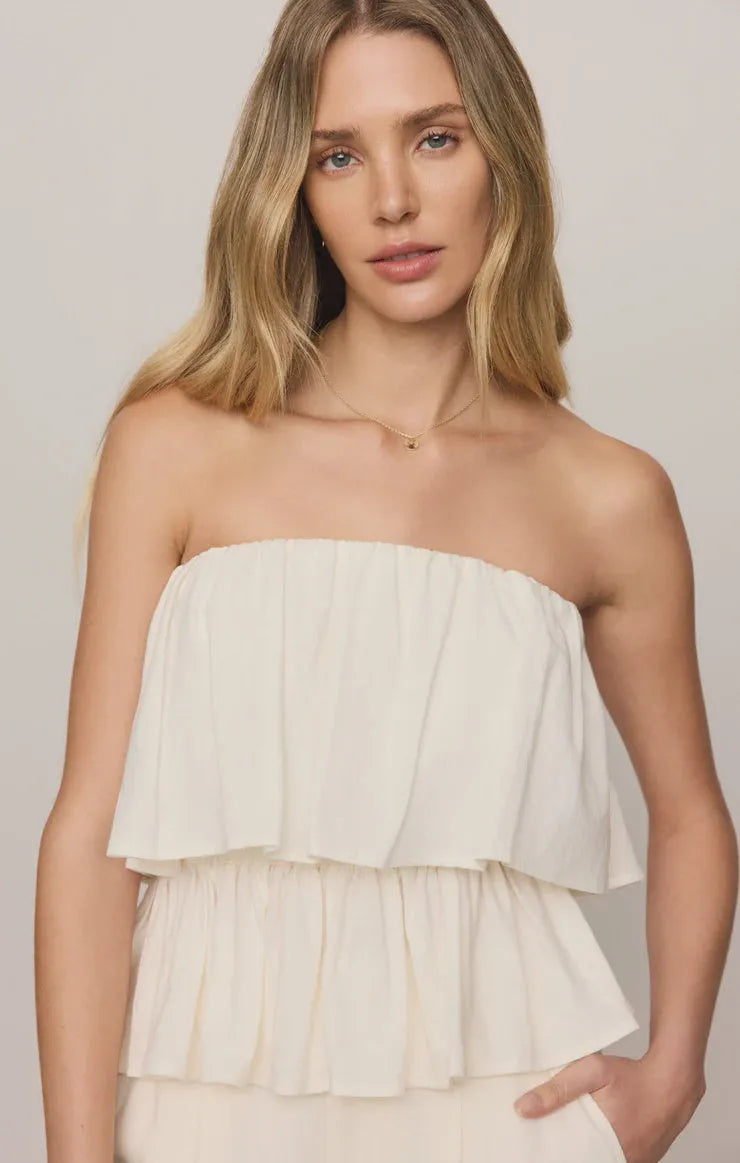 Off-white strapless linen mabel top with layered ruffle detailing for elegant summer wear