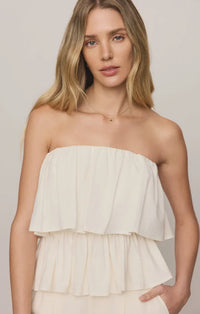 Off-white strapless linen mabel top with layered ruffle detailing for elegant summer wear