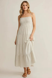 Isla sleeveless smocked maxi dress in off-white tiered style
