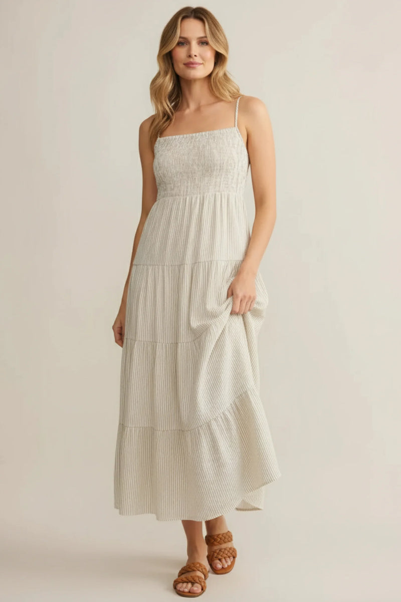 Isla sleeveless smocked maxi dress in off-white tiered style