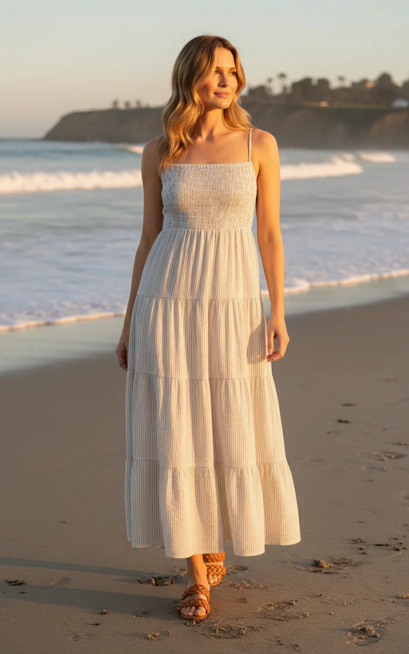 Isla sleeveless smocked maxi dress in off-white tiered fabric