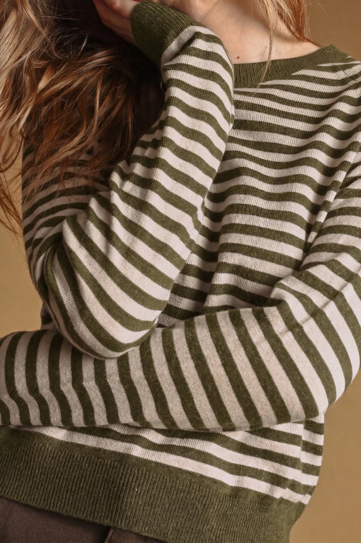Olive and cream striped round neck sweater with ribbed cuffs and hem in knit fabric for casual wear