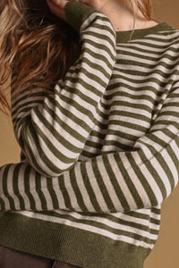 Olive and cream striped round neck sweater with ribbed cuffs and hem in knit fabric for casual wear