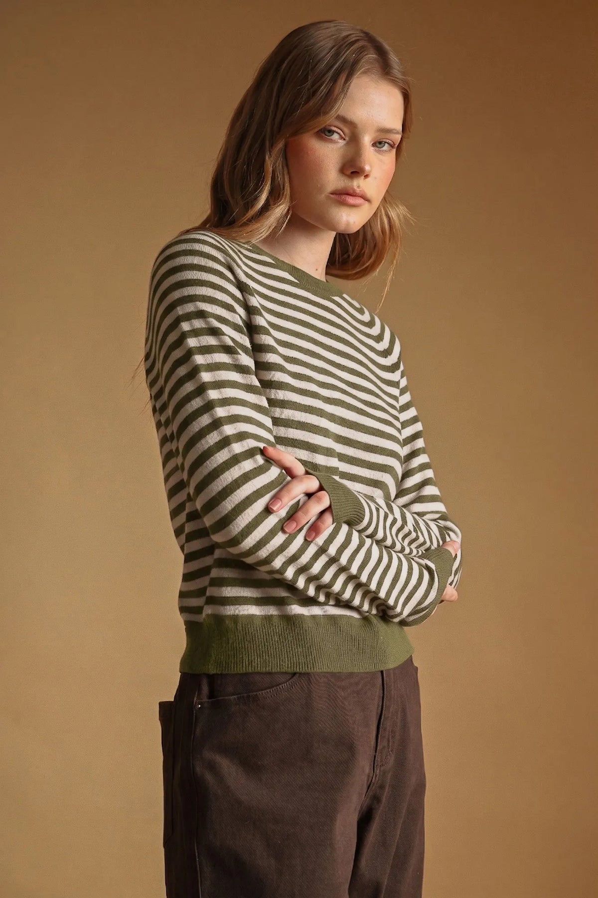 Olive and cream horizontal striped round neck sweater with ribbed cuffs and hem in knit fabric