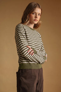 Olive and cream horizontal striped round neck sweater with ribbed cuffs and hem in knit fabric
