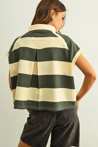 Wide striped short sleeve polo in olive and cream horizontal stripes