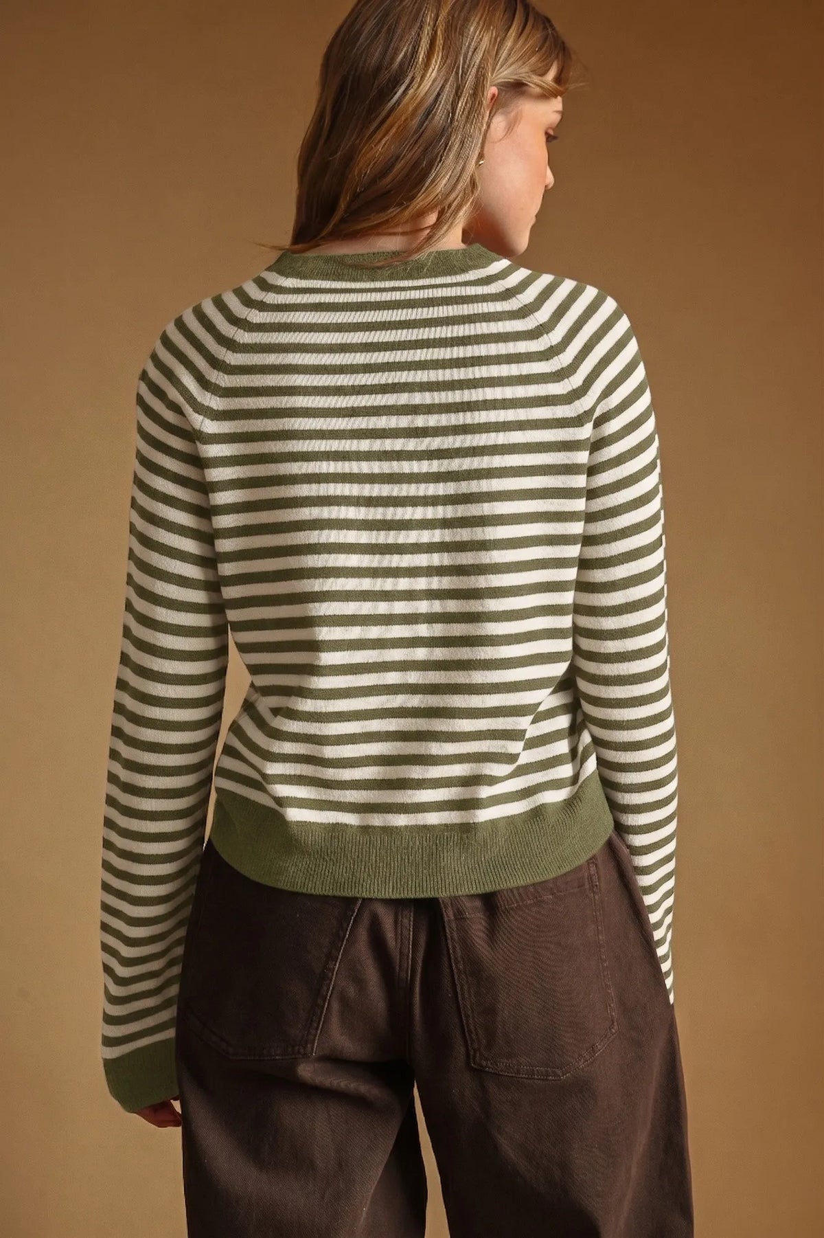 Olive and cream striped round neck sweater in knit fabric with ribbed cuffs and hem for casual wear