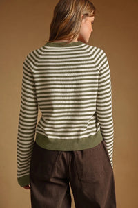 Olive and cream striped round neck sweater in knit fabric with ribbed cuffs and hem for casual wear