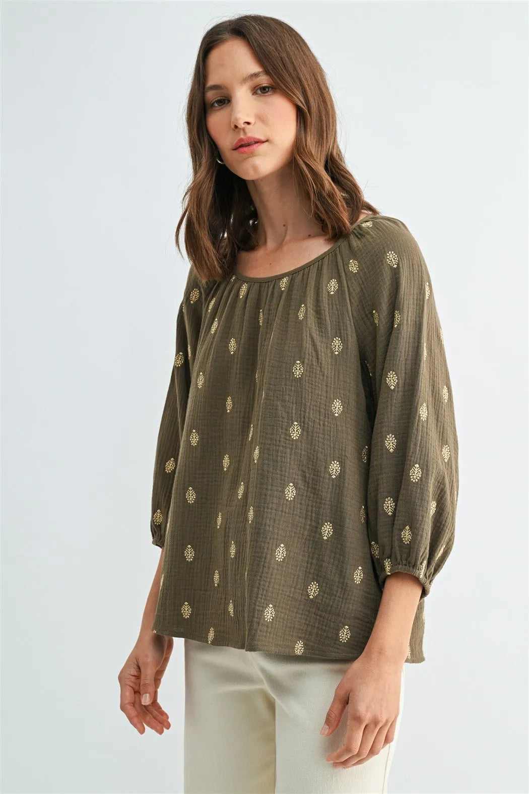 Olive green embroidered gauze 3/4 sleeve blouse with delicate gold embroidery and soft textured fabric for women’s boho chic clothing