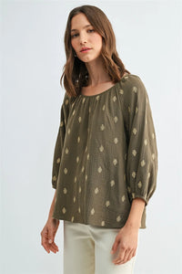 Olive green embroidered gauze 3/4 sleeve blouse with delicate gold embroidery and soft textured fabric for women’s boho chic clothing