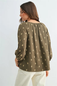 Olive green embroidered gauze 3/4 sleeve blouse with delicate gold floral patterns and gathered neckline for women’s boho chic clothing from shop daisy