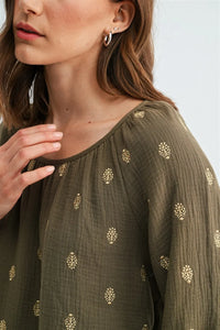 Olive green embroidered gauze 3/4 sleeve blouse with delicate gold floral patterns in women’s boho chic clothing by shop daisy