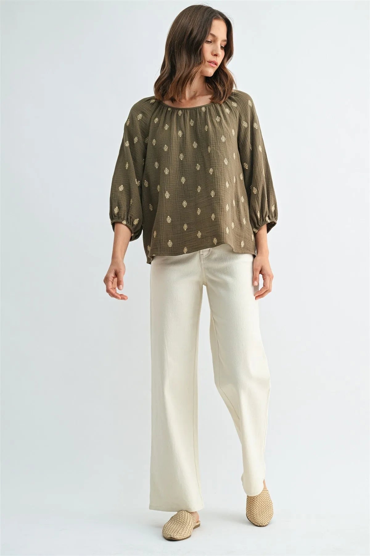 Olive green embroidered gauze 3/4 sleeve blouse with delicate gold leaf embroidery in women’s boho chic clothing shop daisy