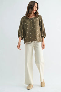 Olive green embroidered gauze 3/4 sleeve blouse with delicate gold leaf embroidery in women’s boho chic clothing shop daisy